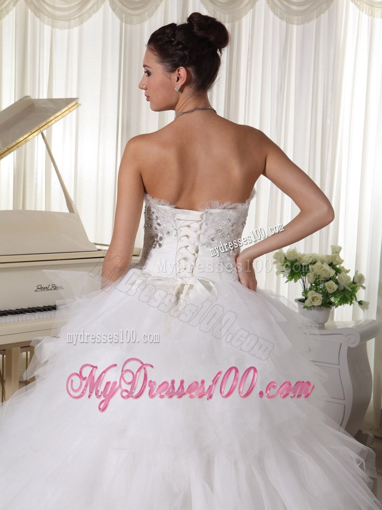 Zipper-up Appliqued and Ruffled Wedding Dress of Floor-length