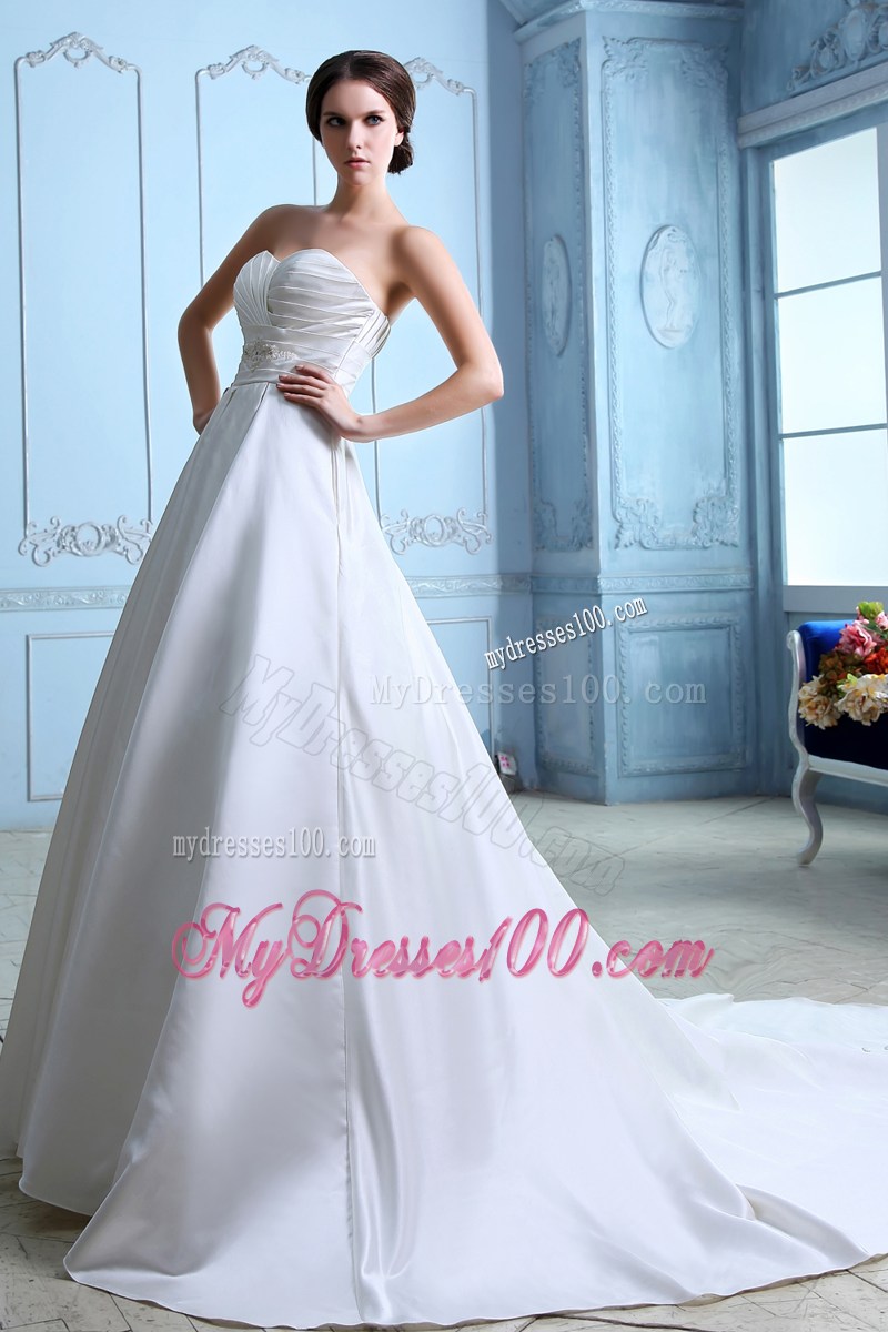 Button Down Back Ruched And Beaded Sweetheart Wedding Dress with Court Train