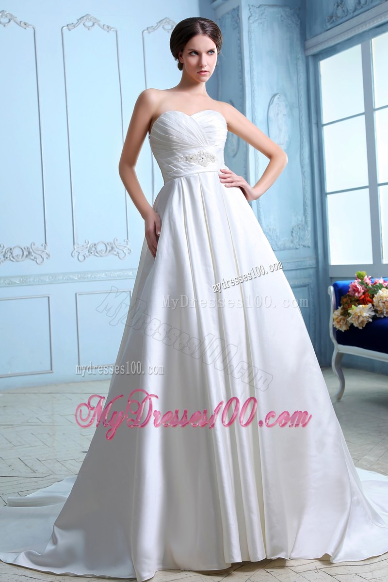 Button Down Back Ruched And Beaded Sweetheart Wedding Dress with Court Train