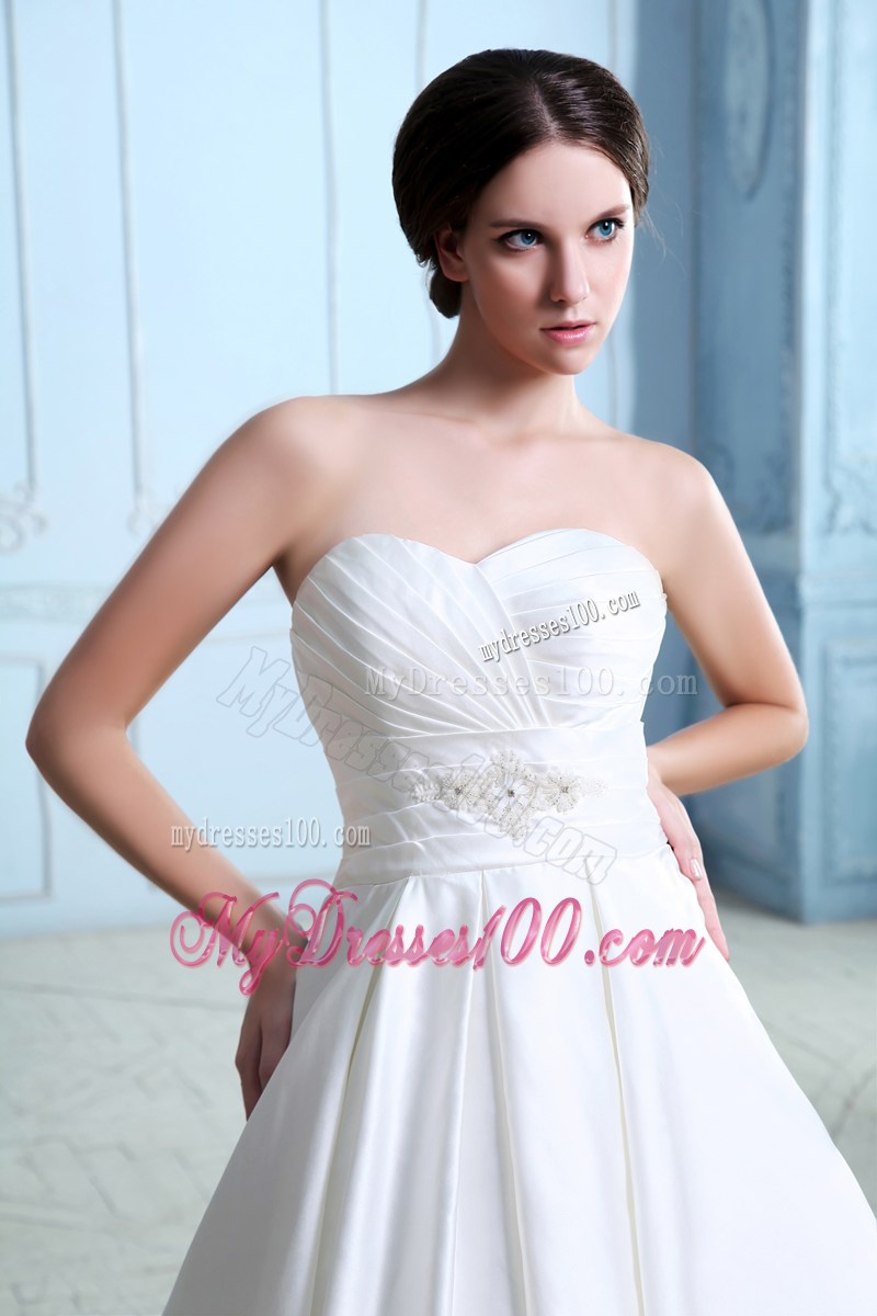 Button Down Back Ruched And Beaded Sweetheart Wedding Dress with Court Train