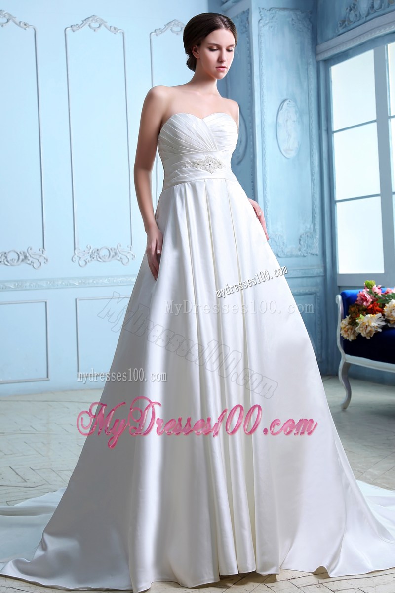Button Down Back Ruched And Beaded Sweetheart Wedding Dress with Court Train