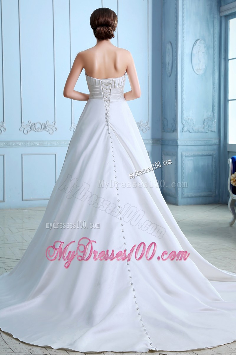 Button Down Back Ruched And Beaded Sweetheart Wedding Dress with Court Train
