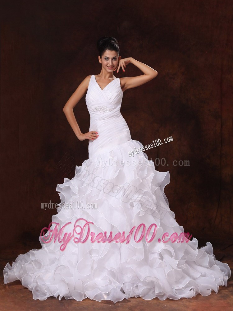 V-neck Appliqued Chapel Train Princess Wedding Gown with Ruffles