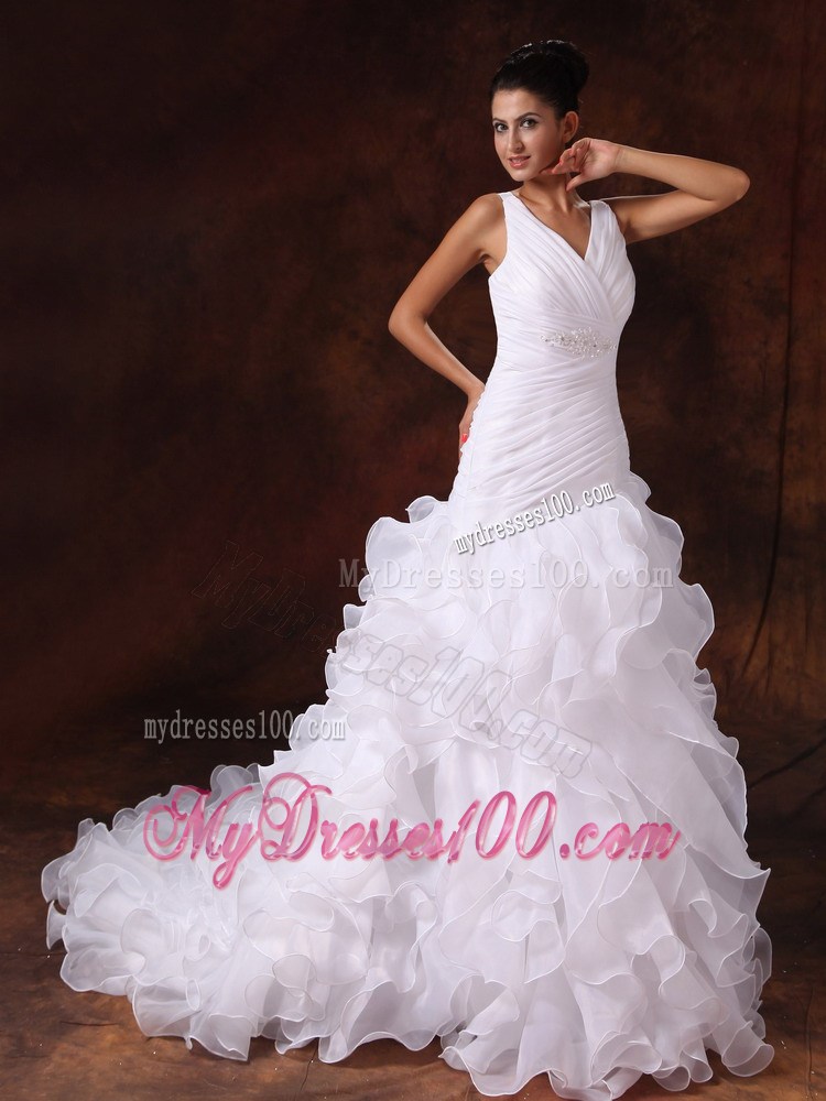 V-neck Appliqued Chapel Train Princess Wedding Gown with Ruffles