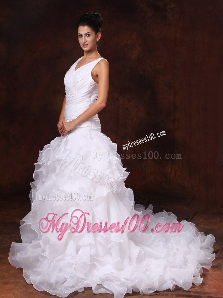 V-neck Appliqued Chapel Train Princess Wedding Gown with Ruffles
