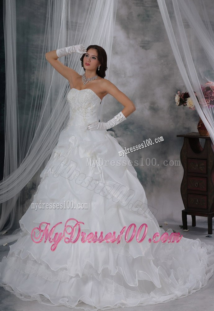 Pick-ups Handmade Flower Appliques Strapless White Bridal Gown