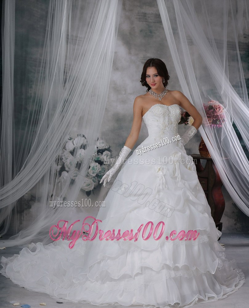 Pick-ups Handmade Flower Appliques Strapless White Bridal Gown
