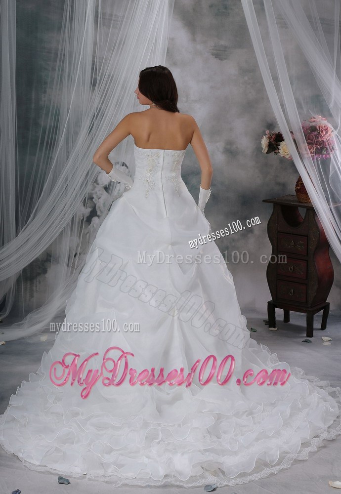 Pick-ups Handmade Flower Appliques Strapless White Bridal Gown