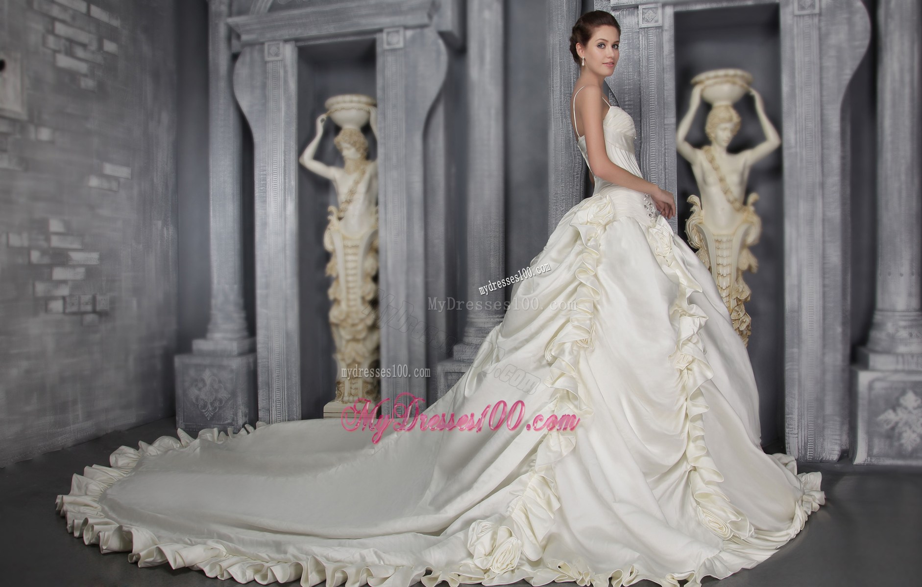Spaghetti Straps Ruche Chapel Train Bridal Dress with Ruffled Hemline