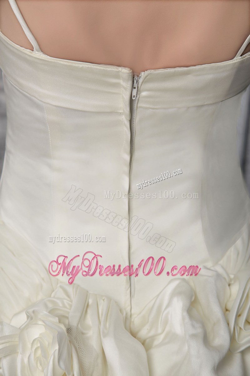Spaghetti Straps Ruche Chapel Train Bridal Dress with Ruffled Hemline