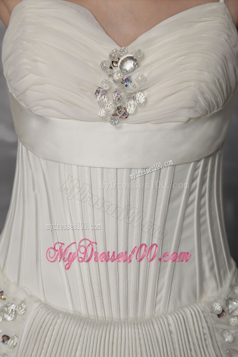 Spaghetti Straps Ruche Chapel Train Bridal Dress with Ruffled Hemline