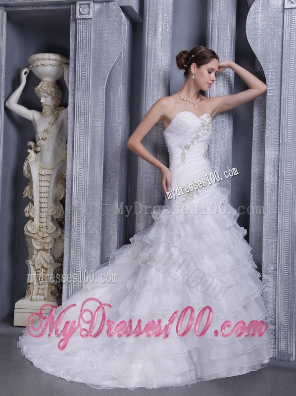 Clasp Handle Ruching Beading and Appliques Decorated Layers Dress for Wedding
