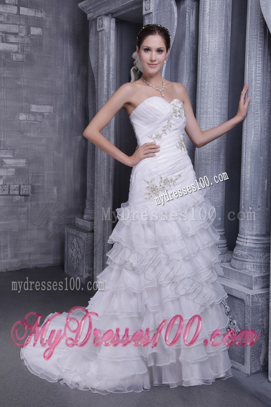 Clasp Handle Ruching Beading and Appliques Decorated Layers Dress for Wedding