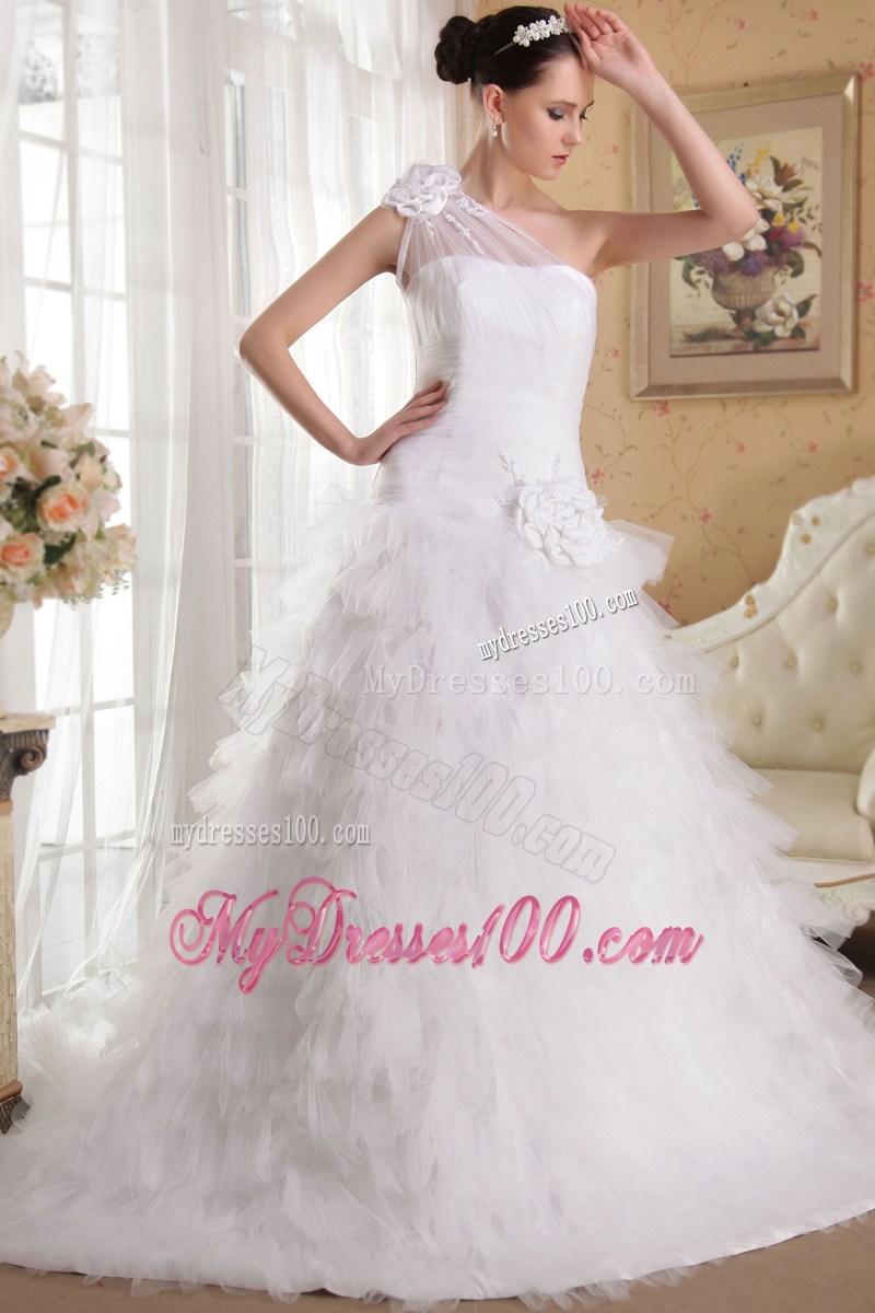 Beaded Handle Flowers Single Shoulder Ruched Ruffles Bridal Dress