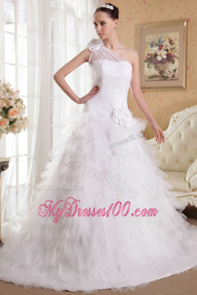 Beaded Handle Flowers Single Shoulder Ruched Ruffles Bridal Dress