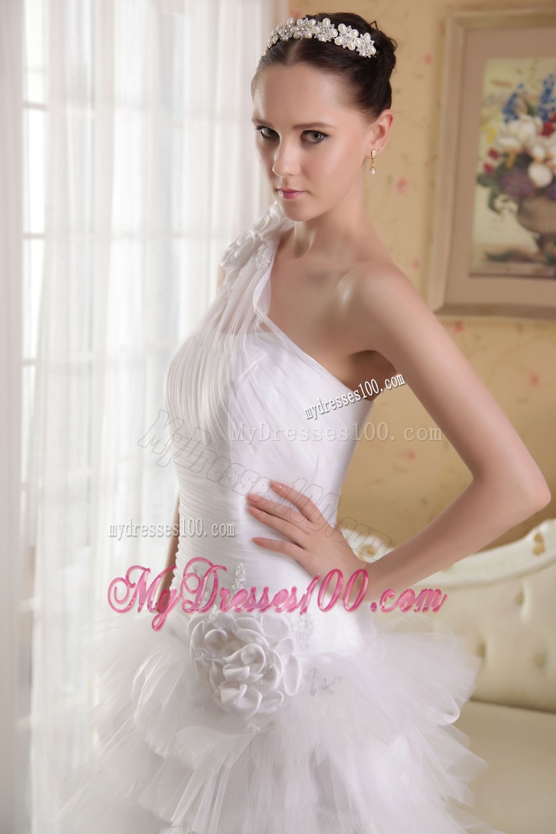 Beaded Handle Flowers Single Shoulder Ruched Ruffles Bridal Dress