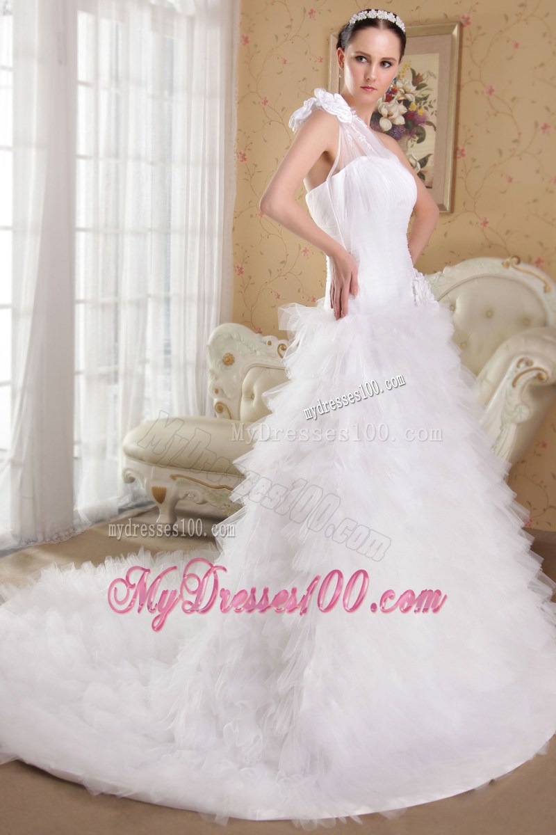 Beaded Handle Flowers Single Shoulder Ruched Ruffles Bridal Dress