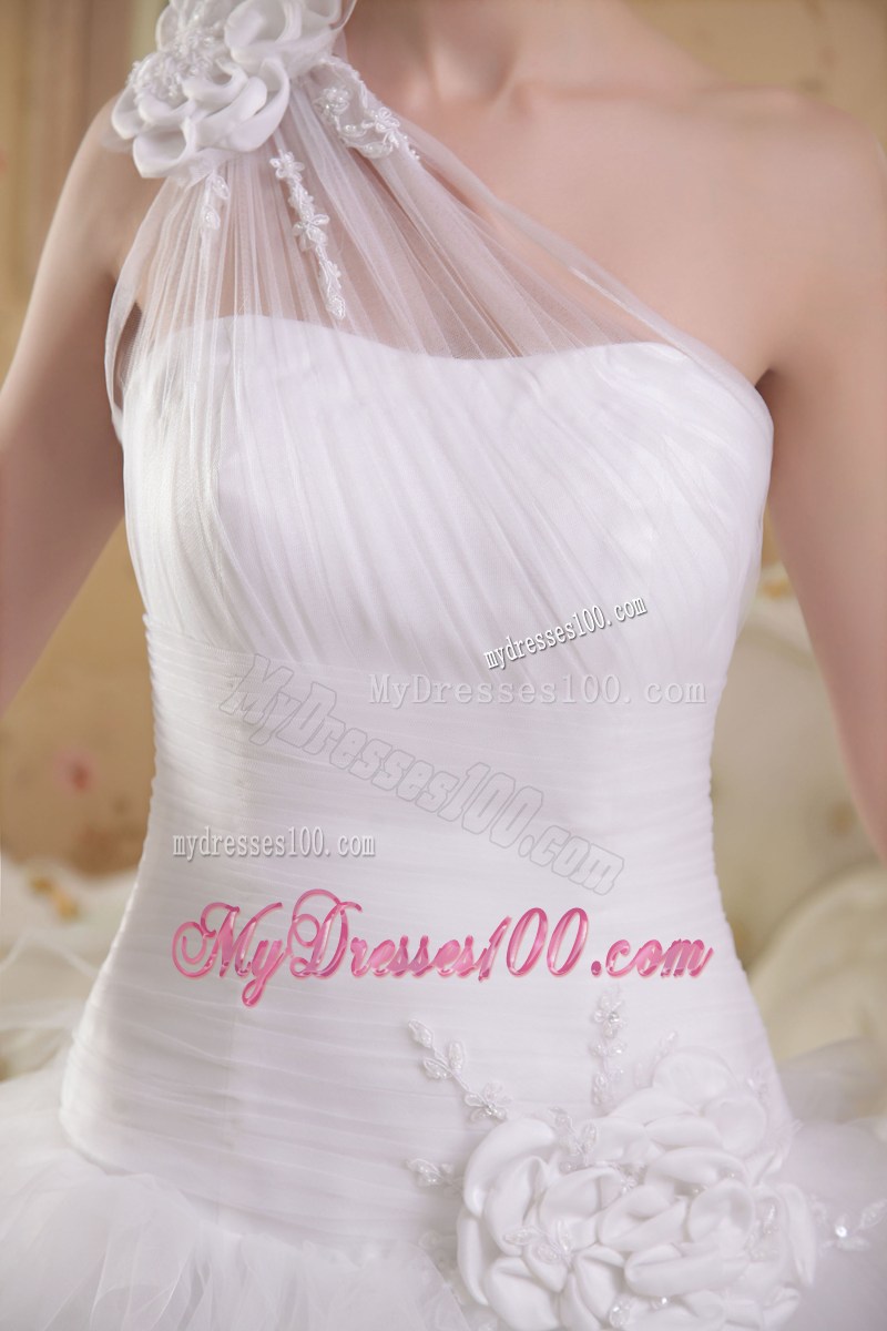 Beaded Handle Flowers Single Shoulder Ruched Ruffles Bridal Dress