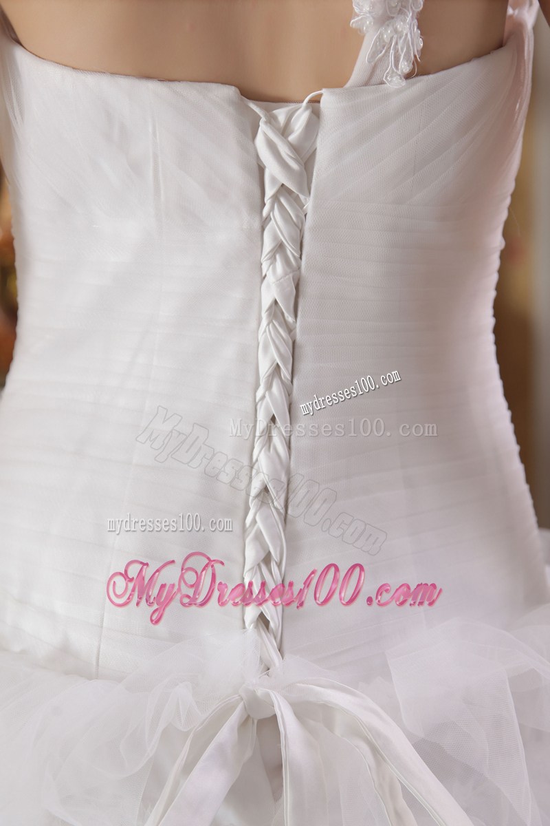 Beaded Handle Flowers Single Shoulder Ruched Ruffles Bridal Dress