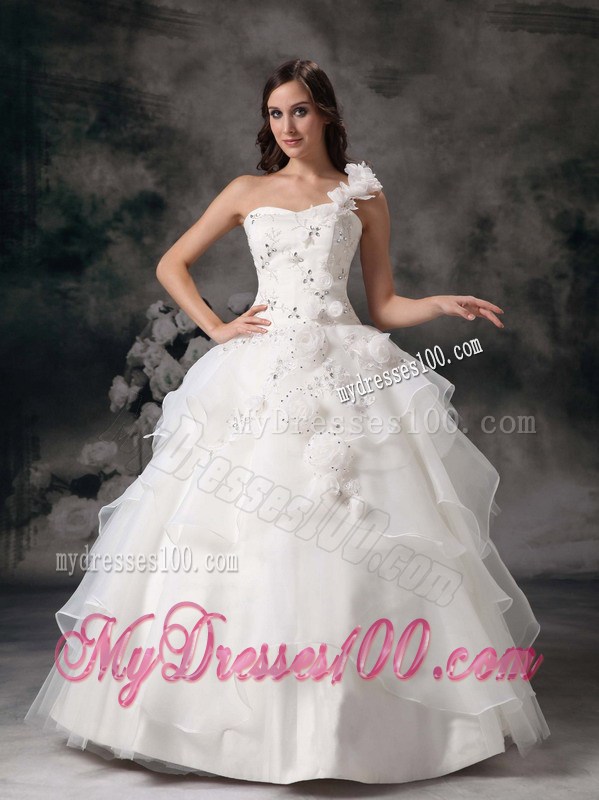 Hand Made Flower One Shoulder Beading Tiers Floor-length Wedding Dresses