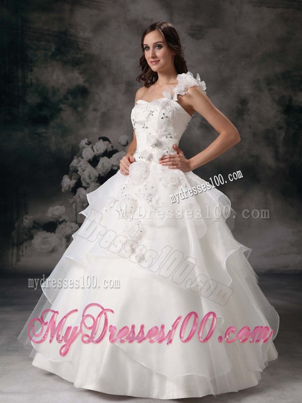 Hand Made Flower One Shoulder Beading Tiers Floor-length Wedding Dresses