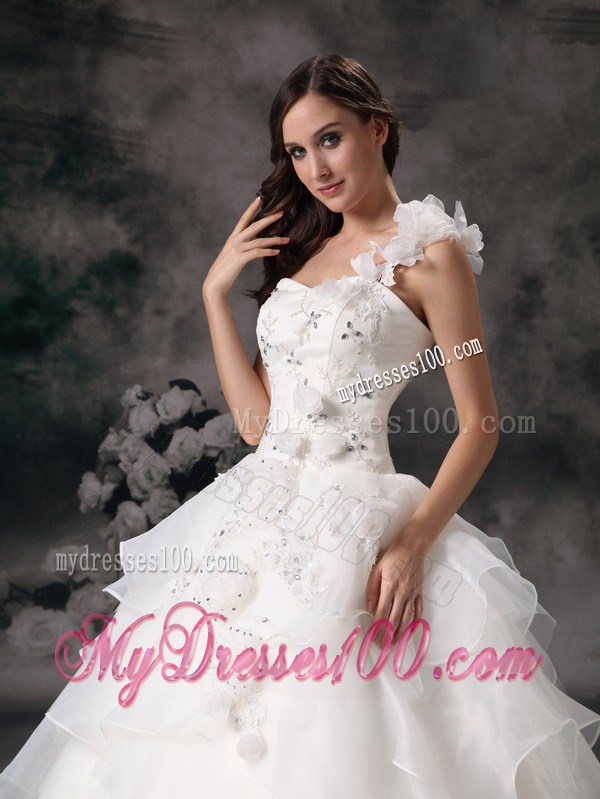 Hand Made Flower One Shoulder Beading Tiers Floor-length Wedding Dresses