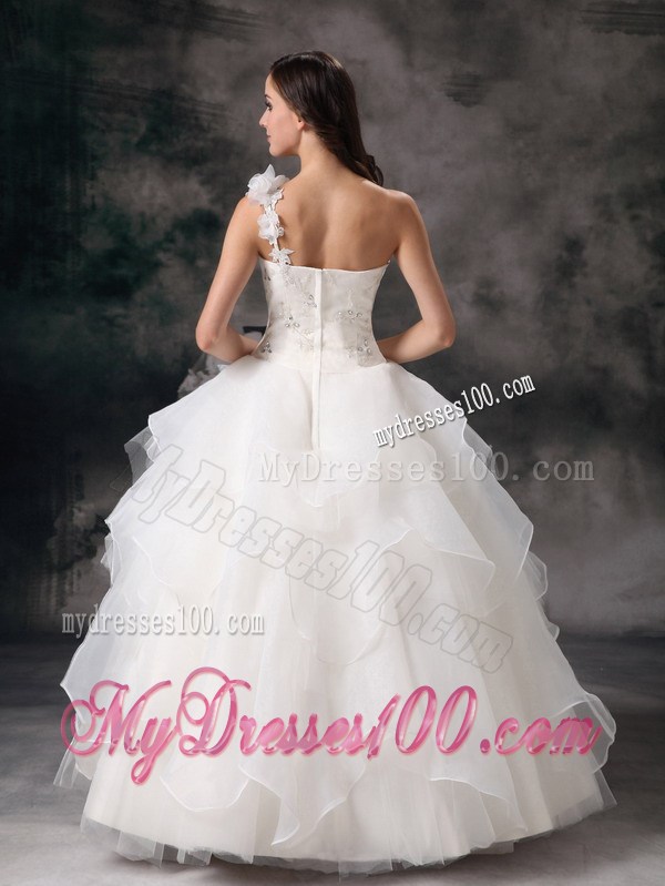 Hand Made Flower One Shoulder Beading Tiers Floor-length Wedding Dresses