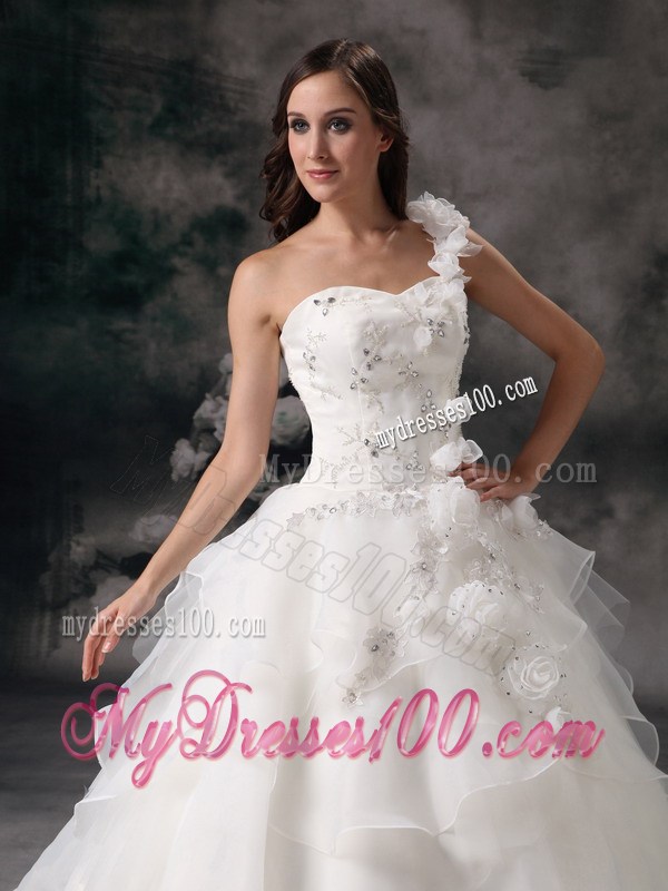 Hand Made Flower One Shoulder Beading Tiers Floor-length Wedding Dresses