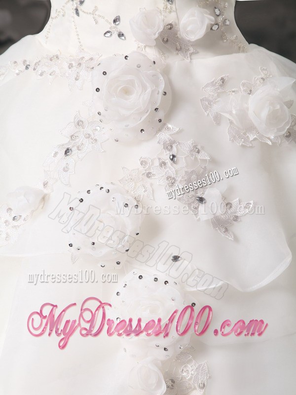 Hand Made Flower One Shoulder Beading Tiers Floor-length Wedding Dresses