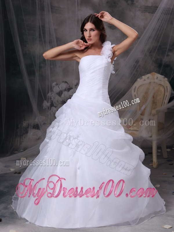 Hand Made Flowers Single Shoulder Pick-ups Brush Train Dress for Wedding