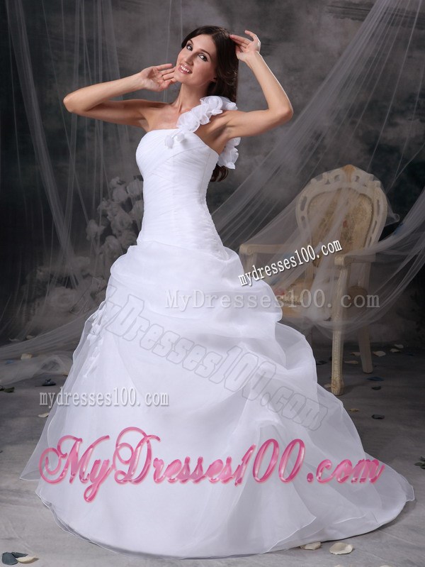 Hand Made Flowers Single Shoulder Pick-ups Brush Train Dress for Wedding