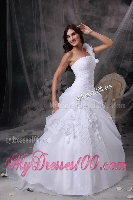 Hand Made Flowers Single Shoulder Pick-ups Brush Train Dress for Wedding
