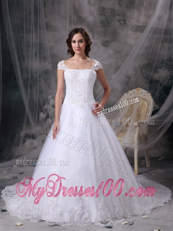 Off-the-shoulder Chapel Train White Bridal Gown Lace Decoration