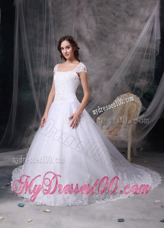 Off-the-shoulder Chapel Train White Bridal Gown Lace Decoration