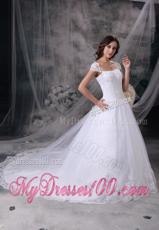 Off-the-shoulder Chapel Train White Bridal Gown Lace Decoration