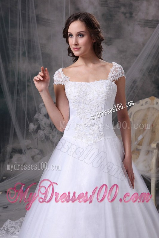 Off-the-shoulder Chapel Train White Bridal Gown Lace Decoration