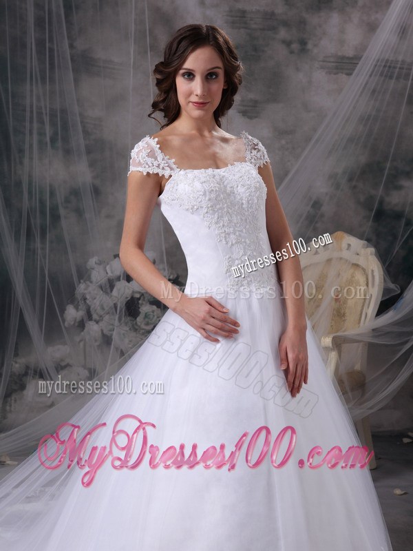 Off-the-shoulder Chapel Train White Bridal Gown Lace Decoration