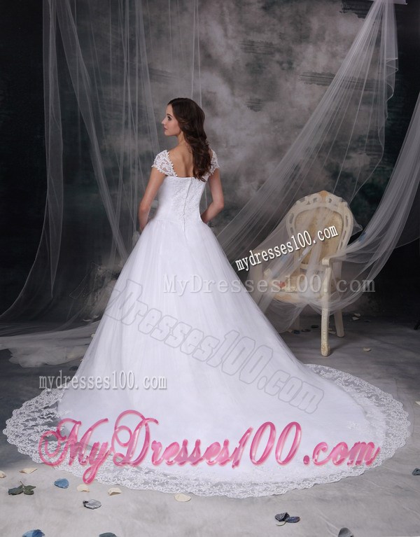 Off-the-shoulder Chapel Train White Bridal Gown Lace Decoration