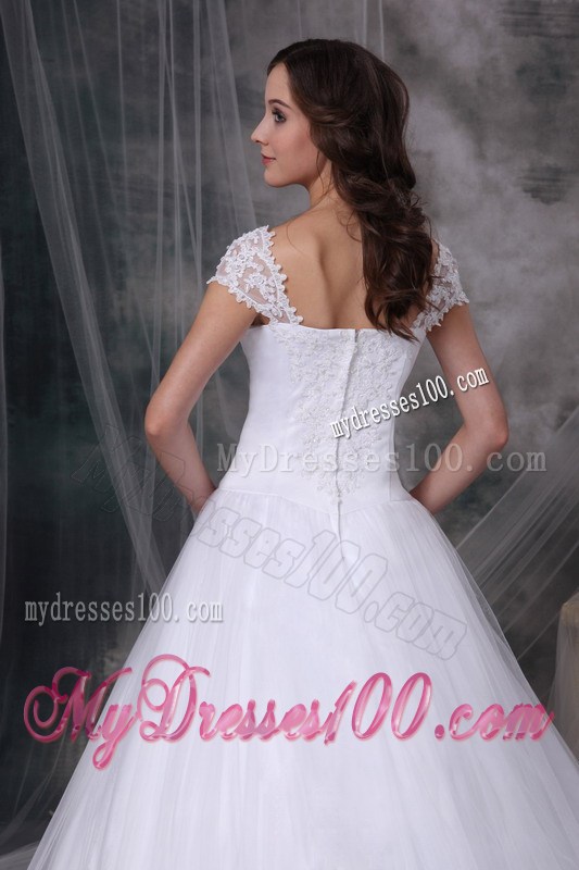 Off-the-shoulder Chapel Train White Bridal Gown Lace Decoration