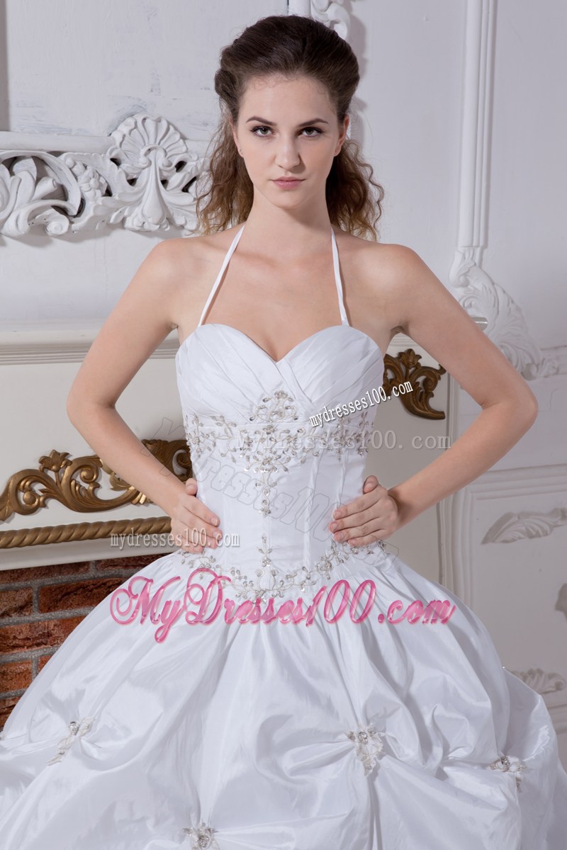 Halter Sweetheart Floor-length Embroidery Sleeveless Wedding Gown