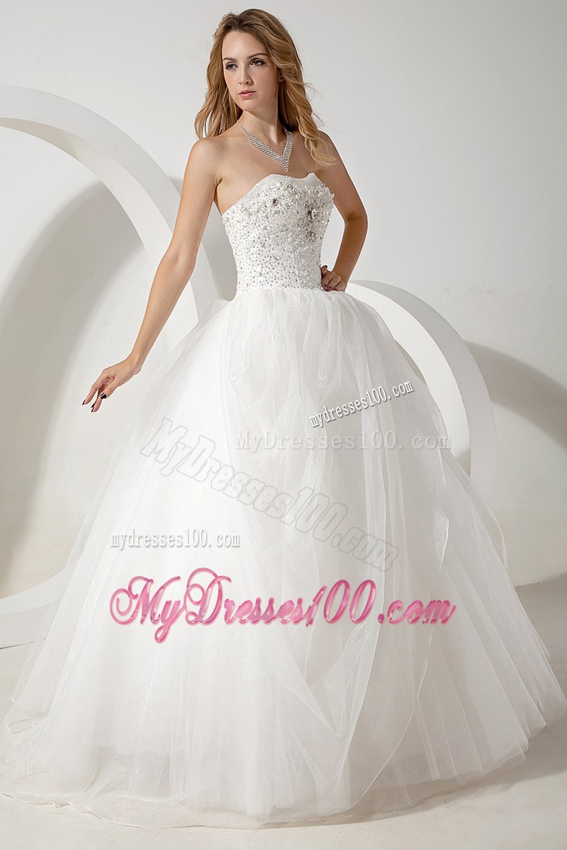 Beading Accent on Bust Lace-up Tulle Wedding Dress of Floor-length
