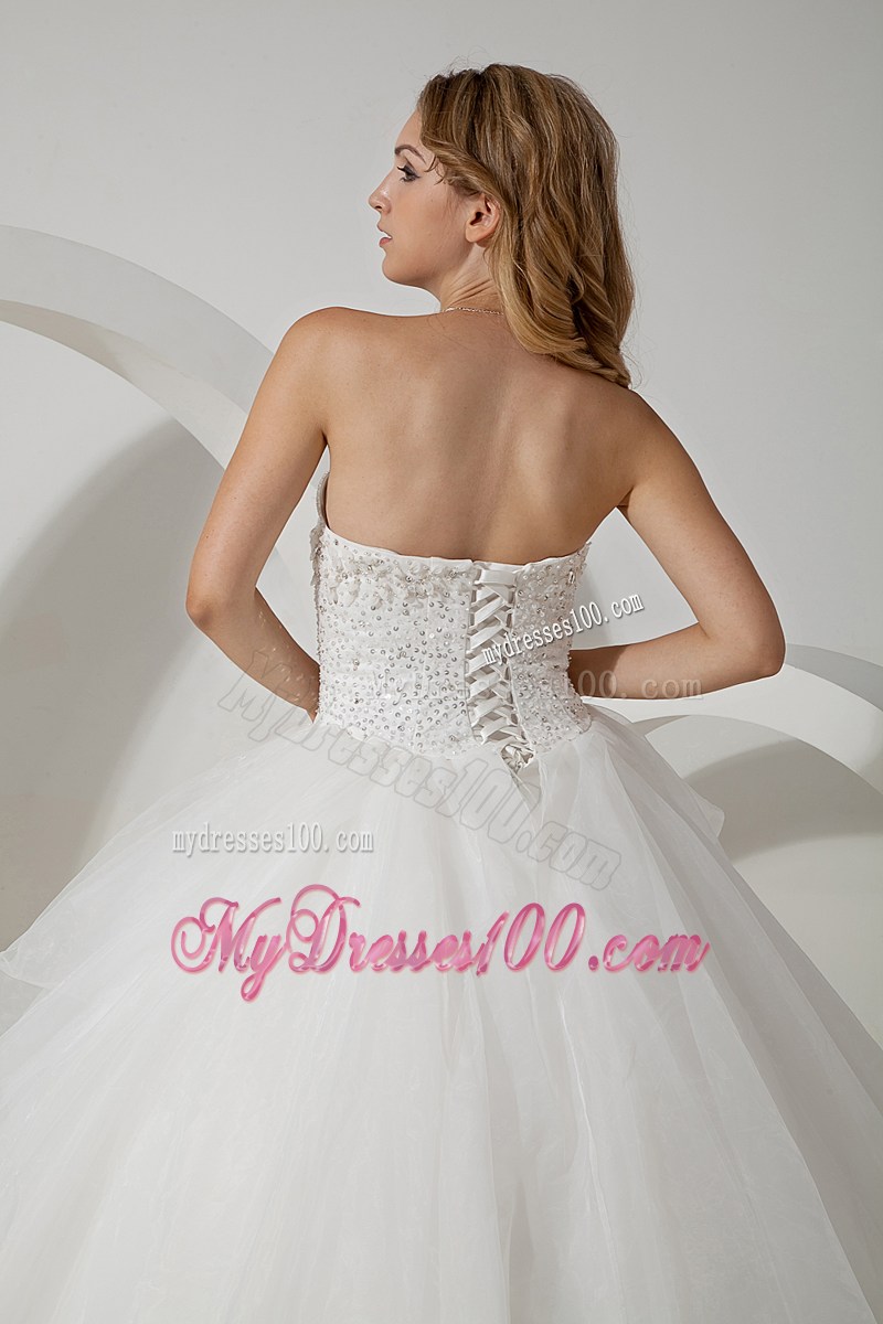 Beading Accent on Bust Lace-up Tulle Wedding Dress of Floor-length