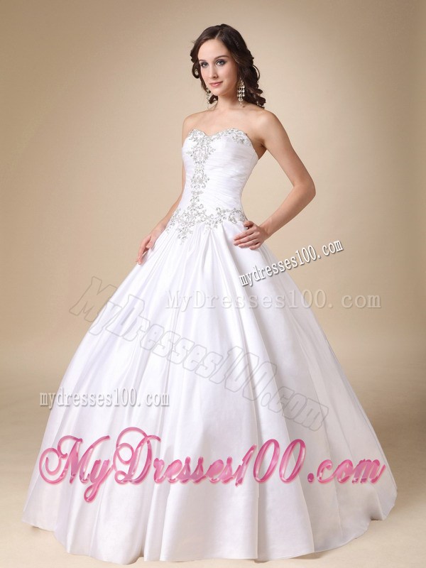 Pearl White Ball Gown Floor-length Wedding Gown with Beading and Ruches