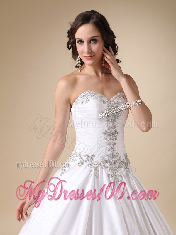 Pearl White Ball Gown Floor-length Wedding Gown with Beading and Ruches