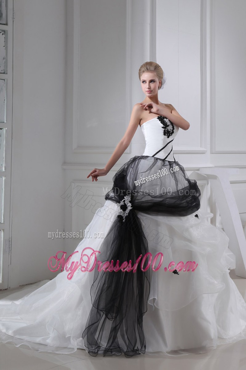 Black and White Chapel Train Bridal Gowns with Tulle Ruffles and Beaded Appliques