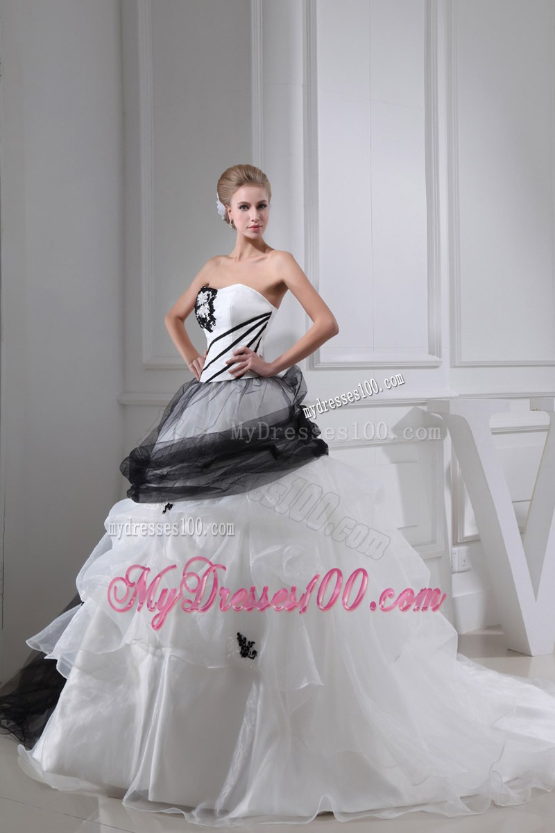 Black and White Chapel Train Bridal Gowns with Tulle Ruffles and Beaded Appliques
