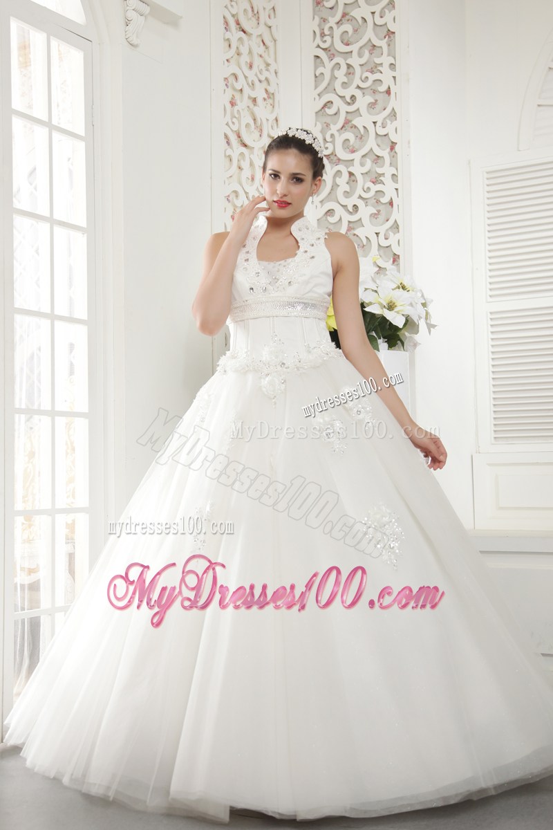 Jewelry High Neck Long Bridal Dress Decorated with Hand Made Flowers