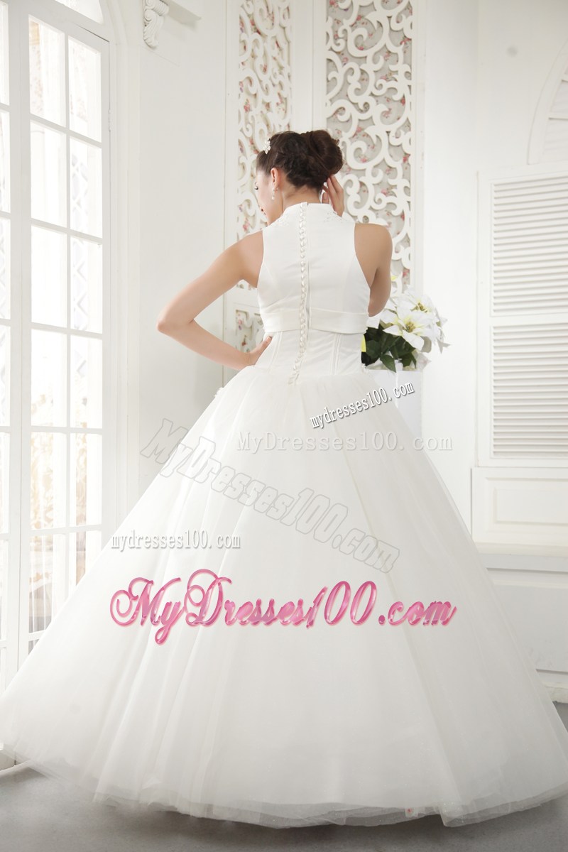 Jewelry High Neck Long Bridal Dress Decorated with Hand Made Flowers
