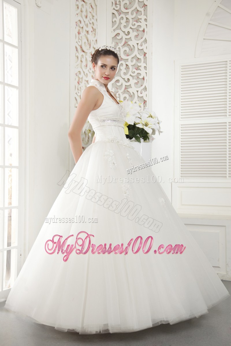Jewelry High Neck Long Bridal Dress Decorated with Hand Made Flowers