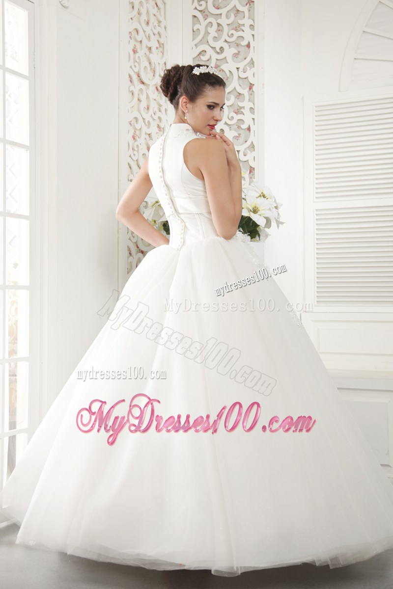 Jewelry High Neck Long Bridal Dress Decorated with Hand Made Flowers